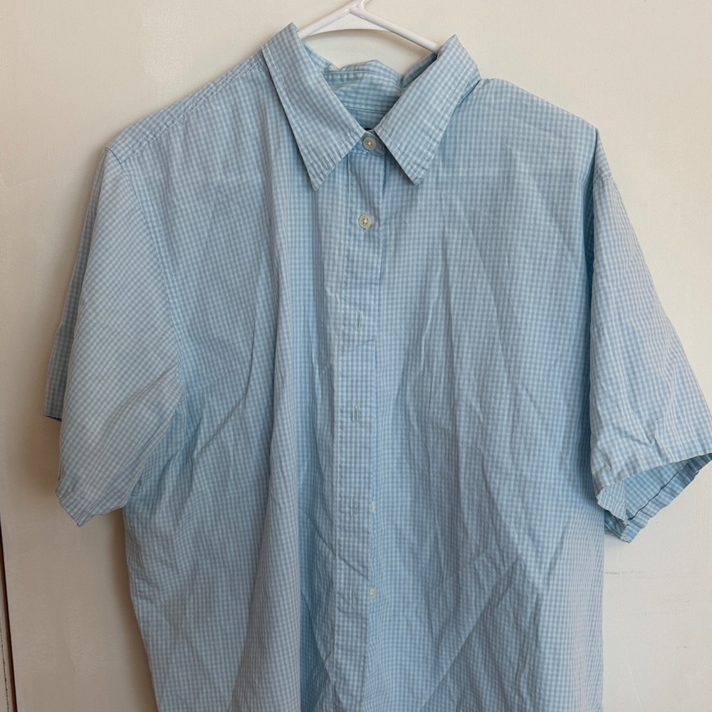 L.L. Bean Light Blue Gingham Short Sleeve Button-Down Shirt